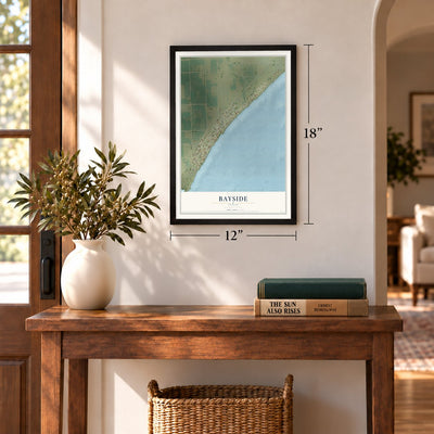 Bayside, Texas map, 12 x 18 inch print in a black frame in an entryway