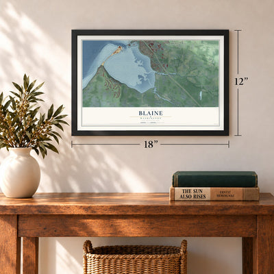 Blaine, Washington map, 12 x 18 inch print in a black frame in an entryway