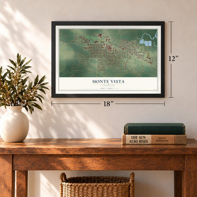 Monte Vista, Colorado map, 12 x 18 inch print in a black frame in an entryway