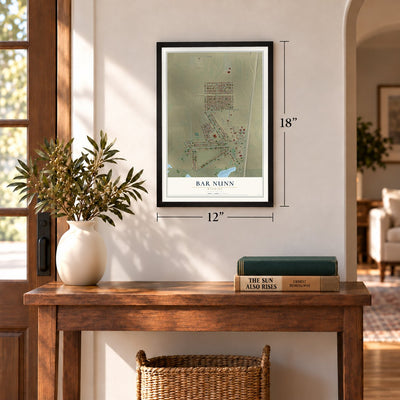 Bar Nunn, Wyoming map, 12 x 18 inch print in a black frame in an entryway