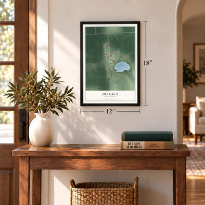 Hetland, South Dakota map, 12 x 18 inch print in a black frame in an entryway