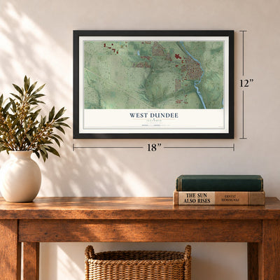 West Dundee, Illinois map, 12 x 18 inch print in a black frame in an entryway