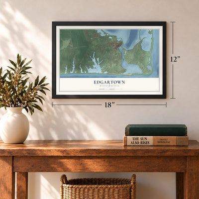 Edgartown, Massachusetts map, 12 x 18 inch print in a black frame in an entryway