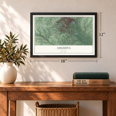 Augusta, Georgia map, 12 x 18 inch print in a black frame in an entryway