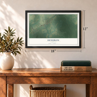 Dendron, Virginia map, 12 x 18 inch print in a black frame in an entryway