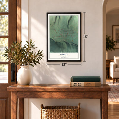 Marble, Colorado map, 12 x 18 inch print in a black frame in an entryway