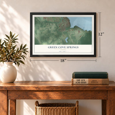 Green Cove Springs, Florida map, 12 x 18 inch print in a black frame in an entryway