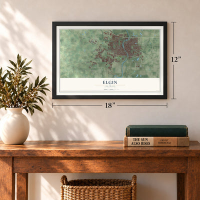 Elgin, Illinois map, 12 x 18 inch print in a black frame in an entryway
