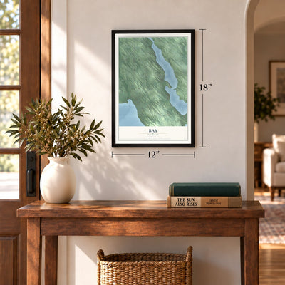 Bay, Michigan map, 12 x 18 inch print in a black frame in an entryway