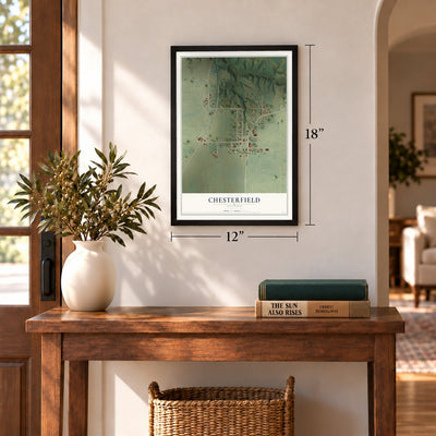 Chesterfield, Illinois map, 12 x 18 inch print in a black frame in an entryway