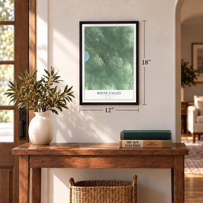 Boyne Valley, Michigan map, 12 x 18 inch print in a black frame in an entryway