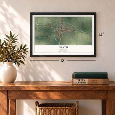 Erath, Louisiana map, 12 x 18 inch print in a black frame in an entryway