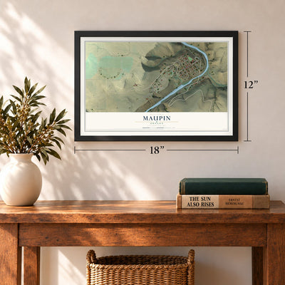 Maupin, Oregon map, 12 x 18 inch print in a black frame in an entryway