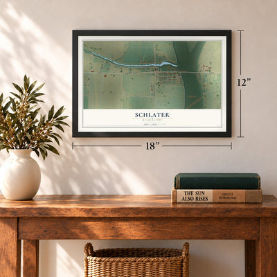 Schlater, Mississippi map, 12 x 18 inch print in a black frame in an entryway