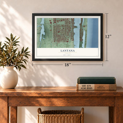 Lantana, Florida map, 12 x 18 inch print in a black frame in an entryway