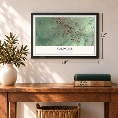 Caldwell, New Jersey map, 12 x 18 inch print in a black frame in an entryway