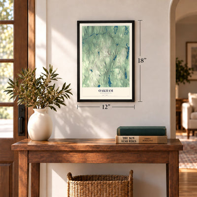 Oakham, Massachusetts map, 12 x 18 inch print in a black frame in an entryway