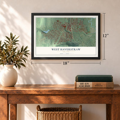 West Haverstraw, New York map, 12 x 18 inch print in a black frame in an entryway