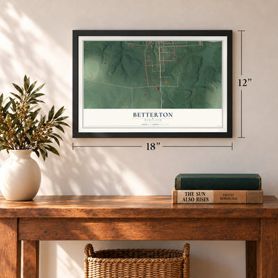 Betterton, Maryland map, 12 x 18 inch print in a black frame in an entryway