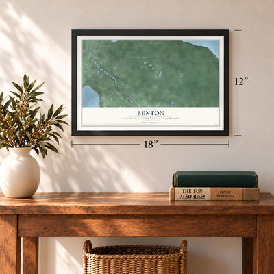 Benton, Cheboygan County, Michigan map, 12 x 18 inch print in a black frame in an entryway