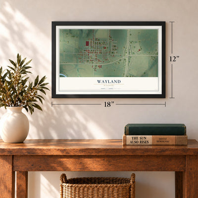 Wayland, Missouri map, 12 x 18 inch print in a black frame in an entryway