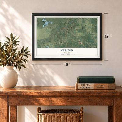 Vernon, Florida map, 12 x 18 inch print in a black frame in an entryway