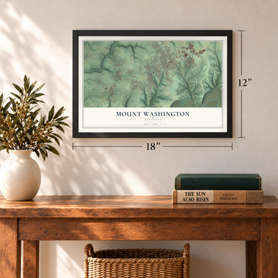 Mount Washington, Kentucky map, 12 x 18 inch print in a black frame in an entryway