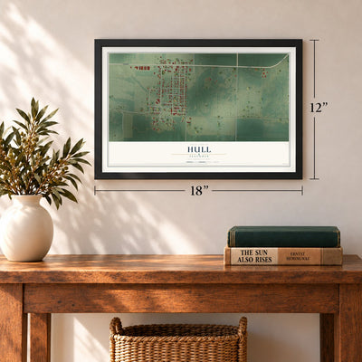 Hull, Illinois map, 12 x 18 inch print in a black frame in an entryway