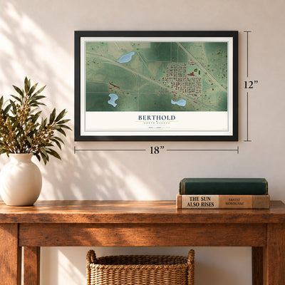 Berthold, North Dakota map, 12 x 18 inch print in a black frame in an entryway