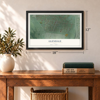 Glendale, Ohio map, 12 x 18 inch print in a black frame in an entryway