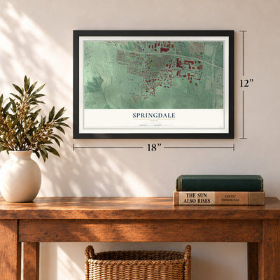 Springdale, Ohio map, 12 x 18 inch print in a black frame in an entryway
