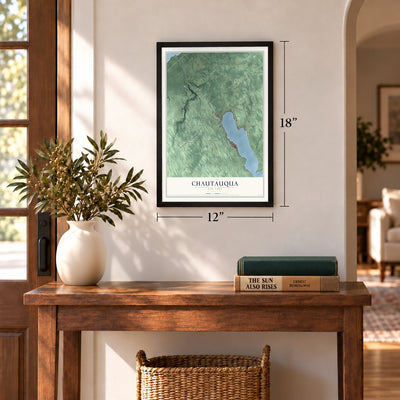 Chautauqua, New York map, 12 x 18 inch print in a black frame in an entryway