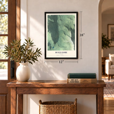 Buels Gore, Vermont map, 12 x 18 inch print in a black frame in an entryway