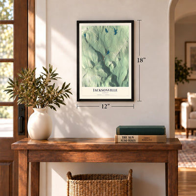Jacksonville, Vermont map, 12 x 18 inch print in a black frame in an entryway