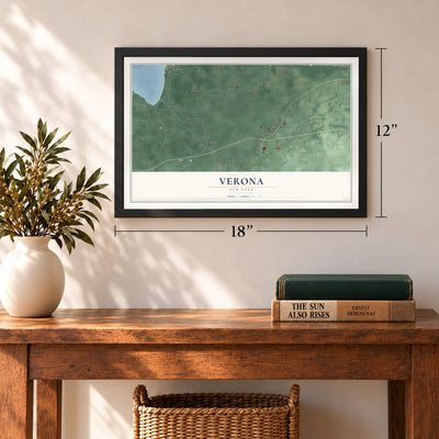 Verona, New York map, 12 x 18 inch print in a black frame in an entryway