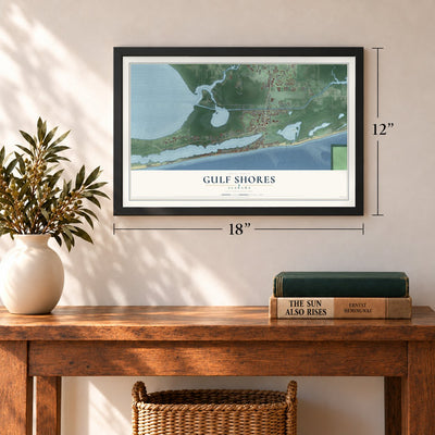 Gulf Shores, Alabama map, 12 x 18 inch print in a black frame in an entryway