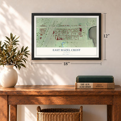 East Hazel Crest, Illinois map, 12 x 18 inch print in a black frame in an entryway
