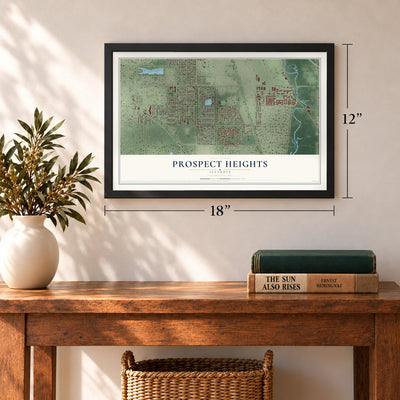 Prospect Heights, Illinois map, 12 x 18 inch print in a black frame in an entryway