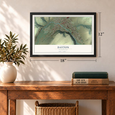 Dayton, Washington map, 12 x 18 inch print in a black frame in an entryway