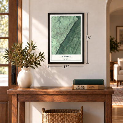 Walden, Tennessee map, 12 x 18 inch print in a black frame in an entryway