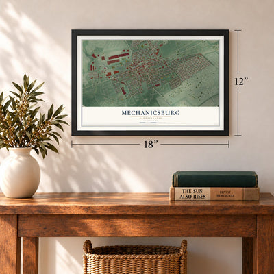 Mechanicsburg, Pennsylvania map, 12 x 18 inch print in a black frame in an entryway