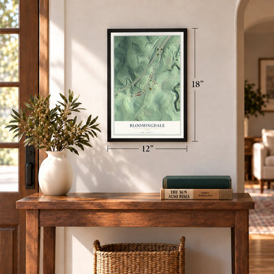 Bloomingdale, Ohio map, 12 x 18 inch print in a black frame in an entryway