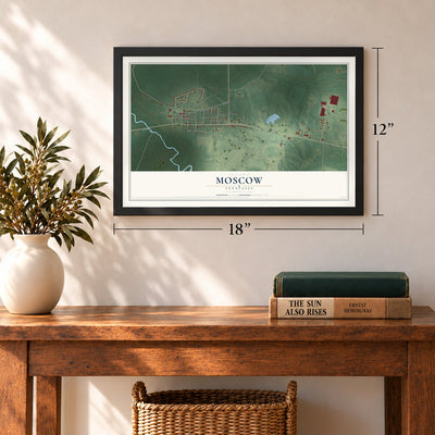 Moscow, Tennessee map, 12 x 18 inch print in a black frame in an entryway