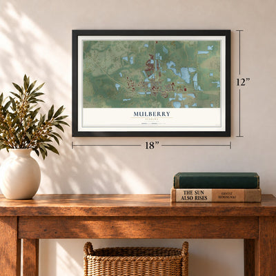 Mulberry, Florida map, 12 x 18 inch print in a black frame in an entryway