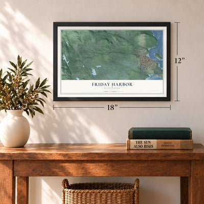 Friday Harbor, Washington map, 12 x 18 inch print in a black frame in an entryway