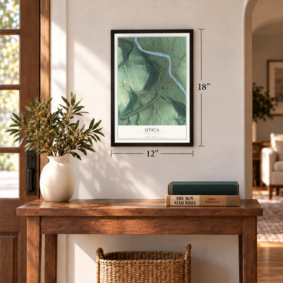 Utica, Pennsylvania map, 12 x 18 inch print in a black frame in an entryway