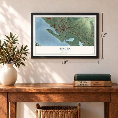 Bingen, Washington map, 12 x 18 inch print in a black frame in an entryway