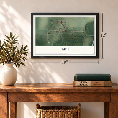 Hume, Missouri map, 12 x 18 inch print in a black frame in an entryway