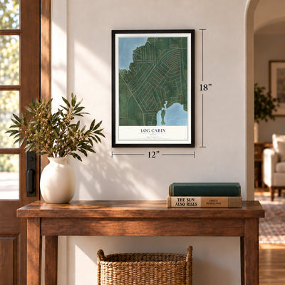 Log Cabin, Texas map, 12 x 18 inch print in a black frame in an entryway
