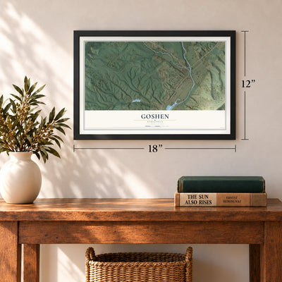 Goshen, Virginia map, 12 x 18 inch print in a black frame in an entryway